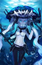 Rule 34 | 10s, 1girl, absurdres, abyssal ship, annnna, black gloves, blue eyes, bodysuit, breasts, colored skin, covered navel, gloves, glowing, glowing eyes, headwear request, highres, kantai collection, looking at viewer, solo, staff, turret, underwater, white hair, white skin, wo-class aircraft carrier