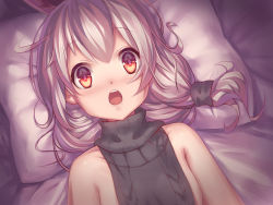 Rule 34 | 1girl, animal ears, aran sweater, backless outfit, bed sheet, benghuai xueyuan, breasts, brown eyes, cable knit, fox ears, grey hair, halterneck, honkai (series), long hair, looking at viewer, lying, meme attire, naked sweater, on back, on bed, open mouth, pillow, ribbed sweater, ruochongsang, small breasts, solo, sweater, theresa apocalypse, theresa apocalypse (sakuno rondo), turtleneck, turtleneck sweater, virgin killer sweater