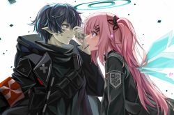 Rule 34 | 1boy, 1girl, ambriel (arknights), angel, arknights, artist name, black coat, black shirt, blush, brz, coat, energy wings, eyelashes, faust (arknights), food, halo, highres, hood, hooded coat, logo, long hair, looking at another, one side up, pink hair, pocky, pointy ears, reunion logo (arknights), shirt, short hair, simple background, sparkle, white background