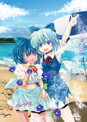 Rule 34 | 2girls, :d, alternate costume, arm around neck, arm up, asai ichiko, beach, blue dress, blue eyes, blue hair, blue skirt, blue sky, bow, breasts, chestnut mouth, cirno, cloud, contrapposto, cowboy shot, crop top, day, dress, dual persona, flower, hair between eyes, hair bow, holding hands, ice, looking at viewer, looking to the side, midriff, morning glory, multiple girls, navel, open mouth, outdoors, pale skin, pointing, puffy short sleeves, puffy sleeves, red ribbon, ribbon, short hair, short sleeves, shorts, shorts under skirt, skirt, skirt hold, sky, small breasts, smile, standing, sunflower, tan, tanned cirno, thighs, touhou, twitter username, umbrella, wings