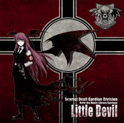 Rule 34 | 1girl, armband, bat wings, boots, character name, dagger, embodiment of scarlet devil, english text, engrish text, female focus, flag, head wings, hetza (hellshock), knife, koakuma, library, long hair, nazi, necktie, ranguage, red eyes, red hair, skull, solo, touhou, uniform, voile, weapon, wings