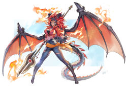 Rule 34 | 1girl, absurdres, black footwear, black hair, blue eyes, boots, breasts, cleavage, clenched hand, crop top, dragon tail, dragon wings, facial mark, fire, forehead mark, grey pants, highres, holding, holding polearm, holding weapon, large breasts, long hair, looking at viewer, matsuda (matsukichi), midriff, multicolored hair, navel, open mouth, orange shirt, original, pants, polearm, puffy short sleeves, puffy sleeves, red hair, shirt, short sleeves, solo, spear, stomach, tail, very long hair, weapon, wings