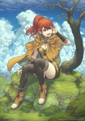 Rule 34 | 1girl, alternate costume, anna (fire emblem), breasts, cape, cleavage, cloud, cloudy sky, earrings, fire emblem, gofelem, highres, jewelry, medium breasts, medium hair, nintendo, open mouth, ponytail, red hair, sky, solo, tree