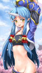 Rule 34 | 1girl, :p, antenna hair, arms up, bad id, bad pixiv id, bandeau, bell, blue jacket, blue sky, blush, cherry blossoms, collarbone, cowboy shot, cropped legs, day, groin, hair bell, hair ornament, hair tubes, hand fan, highres, holding, holding fan, horns, jacket, jingle bell, long hair, long sleeves, looking at viewer, nail polish, nanamori school uniform, navel, no panties, open clothes, open jacket, outdoors, paper fan, parted bangs, petals, pink nails, pointy ears, school uniform, serin199, single horn, sky, smile, solo, stomach, straight hair, strapless, super robot wars, super robot wars og saga mugen no frontier, suzuka hime, tongue, tongue out, tube top, uchiwa, very long hair, wide sleeves, yellow eyes