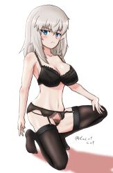 Rule 34 | 1girl, blue eyes, blush, bra, breasts, cleavage, cube (huidama), frown, garter belt, garter straps, girls und panzer, grey hair, hair between eyes, itsumi erika, lace, lace-trimmed bra, lace trim, large breasts, lingerie, looking at viewer, medium hair, navel, on one knee, solo, thighhighs, underwear