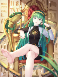 Rule 34 | 1girl, absurdres, bad id, bad pixiv id, barefoot, bracelet, breasts, cleopatra (fate), colored eyelashes, commentary request, earrings, fate/grand order, fate (series), feet, green eyes, green hair, hairband, head tilt, highres, hoop earrings, huge filesize, jewelry, legs, long hair, looking at viewer, medium breasts, necklace, open mouth, ring, shorts, sitting, smile, soles, solo, thighs, throne, toes, very long hair, woogi
