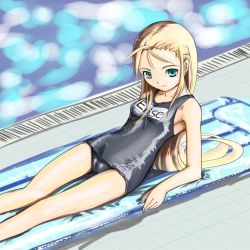 Rule 34 | 00s, 1girl, :3, aki426, aqua eyes, blonde hair, cameltoe, elise von dietrich, forehead, inflatable raft, long hair, lying, name tag, one-piece swimsuit, pool, school swimsuit, sky girls, smile, solo, swimsuit