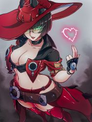 Rule 34 | 1girl, belt, black hair, boots, breasts, choker, cleavage, fingerless gloves, glasses, gloves, green-tinted eyewear, green-tinted glasses, guilty gear, guilty gear strive, hat, heart, highres, i-no, jacket, large breasts, lipstick, looking at viewer, makeup, midriff, mole, mole above mouth, navel, no bra, red hat, red jacket, red lips, red thighhighs, sheeeep0617, short hair, standing, sunglasses, thigh boots, thighhighs, tinted eyewear, venus symbol, witch hat