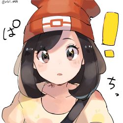 Rule 34 | !, 1girl, bad id, bad pixiv id, beanie, black eyes, black hair, collarbone, creatures (company), dot nose, floral print, game freak, hat, looking at viewer, nintendo, open mouth, pokemon, pokemon sm, red hat, ririmon, selene (pokemon), shirt, short hair, simple background, solo, twitter username, upper body, white background