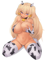 Rule 34 | 1girl, animal ears, animal print, areola slip, bad id, bad pixiv id, bell, bikini, blonde hair, blush, breasts, breasts squeezed together, choker, covered erect nipples, cow ears, cow horns, cow print, cow print bikini, cowbell, dark-skinned female, dark elven forest ranger, dark skin, elbow gloves, embarrassed, full body, gloves, highres, horns, large breasts, last origin, long hair, micro bikini, narodenden, navel, neck bell, nipples, open mouth, print bikini, purple eyes, simple background, sitting, solo, swimsuit, tan, thighhighs, thighs, two side up, very long hair, wariza, white background