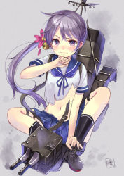 Rule 34 | 10s, 1girl, akebono (kancolle), bell, flower, hair bell, hair flower, hair ornament, hanekoto, jingle bell, kantai collection, long hair, machinery, midriff, navel, personification, ponytail, purple eyes, purple hair, shirt, side ponytail, sitting, skirt, solo, torn clothes, torn shirt, torn skirt, turret