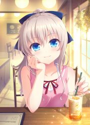 Rule 34 | 1girl, :3, bare shoulders, blue bow, blue eyes, blush, bow, bracelet, breasts, cafe, casual, charlotte (anime), cleavage, closed mouth, collarbone, commentary request, day, drinking straw, elbow on table, eyelashes, grey hair, hair between eyes, hair bow, hair ornament, hand on own cheek, hand on own face, hand up, head rest, highres, indoors, jewelry, kousetsu, light particles, long hair, looking at viewer, medium breasts, neck ribbon, official alternate costume, official alternate hairstyle, pink shirt, ponytail, red ribbon, ribbon, shirt, sidelighting, sleeveless, sleeveless shirt, smile, solo, straight-on, tomori nao, white hair, window