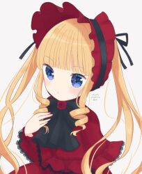 Rule 34 | 1girl, blonde hair, blue eyes, blunt bangs, bonnet, capelet, expressionless, hand on own chest, highres, lace-trimmed capelet, lace trim, long hair, long sleeves, looking at viewer, nekomura yuyuko, rozen maiden, shinku, solo, twintails
