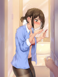 Rule 34 | 1boy, 1girl, @ @, a.x., absurdres, blue shirt, blush, bra, breasts, brown eyes, brown hair, caught, cleavage, closed mouth, collarbone, condom, contraceptive sabotage, door, douki-chan (douki-chan), earrings, flying sweatdrops, ganbare douki-chan, high-waist pantyhose, highres, holding, holding condom, holding needle, indoors, jewelry, low ponytail, needle, nose blush, open clothes, open shirt, pantyhose, shirt, short ponytail, solo focus, sweat, nervous sweating, trembling, underwear, wavy mouth