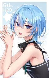 Rule 34 | 1girl, armpit crease, bare arms, bare shoulders, black choker, blue eyes, blue hair, breasts, choker, earrings, eyelashes, green ribbon, hair between eyes, hands up, highres, hololive, hoshimachi suisei, hoshimachi suisei (streetwear), jewelry, lace, lace choker, lace sleeves, medium hair, nail polish, neck ribbon, oopartz yang, open mouth, orange nails, ribbon, ring, short sleeves, small breasts, solo, star (symbol), star in eye, symbol in eye, teeth, upper body, upper teeth only, virtual youtuber