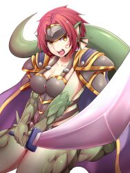 Rule 34 | 1girl, animal ears, armor, breasts, cape, cleavage, collarbone, colored skin, commentary request, cowboy shot, dragon ears, dragon girl, dragon tail, facial tattoo, fangs, fins, forehead protector, granberia, green skin, grey armor, head fins, highres, holding, holding sword, holding weapon, large breasts, looking at viewer, mon-musu quest!, monster girl, open mouth, parted bangs, pointy ears, purple cape, raichi (ddq0246), red hair, scales, short hair, shoulder armor, simple background, solo, sword, tail, tattoo, teeth, tongue, two-handed sword, upper teeth only, weapon, white background, yellow eyes