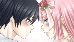 Rule 34 | 10s, 1boy, 1girl, black hair, blue eyes, blush, colored eyelashes, commentary, couple, darling in the franxx, english commentary, eye contact, face-to-face, flower, forehead-to-forehead, green eyes, hair flower, hair ornament, heads together, hetero, hiro (darling in the franxx), horns, long hair, looking at another, oni horns, pink hair, portrait, red horns, short hair, signature, spoilers, xwaterice, zero two (darling in the franxx)