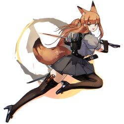 Rule 34 | 1girl, :d, animal ear fluff, animal ears, arknights, black footwear, black gloves, black skirt, brown eyes, brown hair, brown thighhighs, commentary, elbow gloves, franka (arknights), from side, gloves, grey shirt, high heels, highres, holding, holding sword, holding weapon, long hair, looking at viewer, looking to the side, open mouth, pleated skirt, puffy short sleeves, puffy sleeves, shirt, shoes, short sleeves, simple background, skirt, smile, solo, sword, tail, thighhighs, truffletrefla, weapon, white background