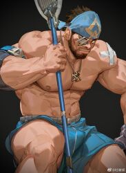 Rule 34 | 1boy, arm belt, bandage over one eye, bandana, bara, beard, blue bandana, blue shorts, bulge, earrings, facial hair, feet out of frame, gloves, highres, holding, holding polearm, holding weapon, jewelry, large pectorals, looking at viewer, male focus, mature male, muscular, muscular male, necklace, nipples, original, pectorals, planted, polearm, short hair, shorts, sideways glance, single glove, sitting, solo, strongman waist, thick eyebrows, thick thighs, thighs, tooboshoo, weapon
