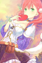 Rule 34 | 1girl, atelier (series), atelier escha &amp; logy, black neckwear, black skirt, box, bracelet, braid, breasts, cleavage, escha malier, green eyes, hani (udauda), heart-shaped box, holding, holding box, jewelry, looking at viewer, medium breasts, multicolored background, pink hair, short hair, short twintails, skirt, solo, tail, twintails, upper body