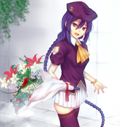 Rule 34 | 1girl, ascot, blurry, blurry background, bouquet, braid, flower, hair between eyes, highres, holding, holding bouquet, iro (sekaixiro), long hair, looking at viewer, melty blood, open mouth, outdoors, pleated skirt, purple eyes, purple hair, purple shirt, shirt, short sleeves, single braid, sion eltnam atlasia, skirt, solo, standing, tsukihime, type-moon, very long hair, white skirt, yellow ascot
