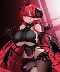 Rule 34 | 1girl, absurdres, ahoge, azur lane, bare shoulders, black headband, black horns, breasts, brown pantyhose, center cross lace, center frills, clothing cutout, covered navel, cowboy shot, curled horns, demon girl, demon wings, elbow gloves, frilled gloves, frills, gloves, headband, heart, heart cutout, heart tail, heart tattoo, highres, hindenburg (azur lane), holding, horns, huge breasts, long hair, looking at viewer, microskirt, niballl, pantyhose, pointy ears, pubic tattoo, red eyes, red hair, see-through, simple background, skirt, sleeveless, slit pupils, solo, tail, tattoo, underboob, underboob cutout, very long hair, wings