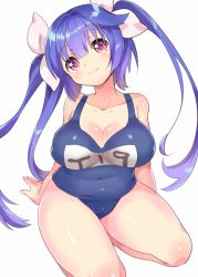 Rule 34 | 10s, 1girl, :3, blue hair, hair ribbon, i-19 (kancolle), ichihaya, kantai collection, long hair, name tag, red eyes, ribbon, smile, solo, swimsuit, tri tails, twintails