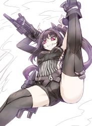 Rule 34 | 1girl, architect (girls&#039; frontline), asymmetrical clothes, black hair, boots, from below, girls&#039; frontline, grin, highres, hip vent, hourai kochou, leg up, long hair, nail polish, pink eyes, pink nails, pinstripe pattern, ringed eyes, side ponytail, sketch, smile, solo, striped, thighhighs, very long hair