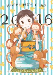 Rule 34 | 10s, 1girl, 2016, animal ears, banana, brown eyes, brown hair, commentary request, cushion, eating, flower, food, food on face, fruit, hair flower, hair ornament, happy new year, highres, japanese clothes, kana (okitasougo222), kimono, monkey, monkey ears, new year, obi, original, sash, seiza, short hair, sitting, smile, solo, striped, striped background, vertical stripes