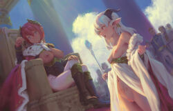 2girls ashes bigrbear blue_eyes breasts cape censored cleft_of_venus commentary crossed_legs dark-skinned_female dark_skin demon_girl earrings elf english_commentary highres holding holding_staff hoop_earrings horns jewelry laurel_crown long_hair medium_breasts multiple_girls nipples open_mouth original pink_hair pointy_ears pubic_tattoo pussy red_eyes red_hair short_hair small_breasts staff tattoo uncensored white_hair