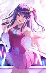 Rule 34 | 1girl, absurdres, ascot, audience, blue ascot, blush, collared dress, dress, glowstick, hair ornament, hasom, highres, holding, holding microphone, hoshino ai (oshi no ko), idol, long hair, microphone, one side up, open mouth, oshi no ko, pink dress, pink ribbon, pleated skirt, pointing, purple eyes, purple hair, rabbit hair ornament, ribbon, sidelocks, skirt, sleeveless, sleeveless dress, smile, solo, star (symbol), star hair ornament, swept bangs, teeth