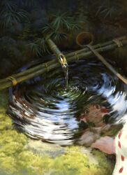 Rule 34 | 1girl, bamboo, black hair, commentary request, grass, hair tubes, hakurei reimu, highres, outdoors, red eyes, reflection, reflective water, ribbon-trimmed sleeves, ribbon trim, satellitedragon, sidelocks, solo, touhou, water, water slide
