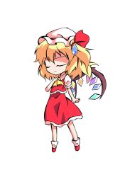 Rule 34 | 1girl, ascot, blonde hair, chibi, clip studio paint (medium), closed eyes, closed mouth, collared dress, crystal, dairi, dress, flandre scarlet, frills, full body, hair between eyes, hair ribbon, hand up, hat, jewelry, mob cap, multicolored wings, nervous, one side up, puffy short sleeves, puffy sleeves, red dress, red footwear, red ribbon, ribbon, shirt, shoes, short hair, short sleeves, simple background, socks, solo, standing, tachi-e, touhou, transparent background, white background, white hat, white shirt, white socks, wings, yellow ascot
