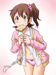 Rule 34 | 10s, 1girl, blush, bow, bow bra, bow panties, bra, bread slice, brown eyes, brown hair, cardigan, character name, crotch seam, dress, dress shirt, food, food in mouth, hair ornament, hairclip, idolmaster, idolmaster million live!, kasuga mirai, lace, lace-trimmed panties, lace trim, lielos, looking to the side, matching hair/eyes, mouth hold, navel, no pants, one side up, panties, pink background, pink bra, pink panties, shirt, shit shirt, signature, solo, sweatdrop, toast, toast in mouth, underwear
