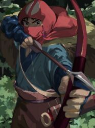 Rule 34 | 1boy, absurdres, ashitaka, blue kimono, bow (weapon), brown pants, commentary, covered mouth, cowboy shot, forest, highres, holding, holding bow (weapon), holding weapon, hood, incoming attack, japanese clothes, kimono, knife, male focus, mononoke hime, nature, pants, red hood, solo, studio ghibli, torinodesu4, weapon