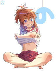 Rule 34 | 1girl, artist logo, bare legs, barefoot, blue eyes, blush, clothes lift, commentary request, crossed arms, feet, full body, gym uniform, hair between eyes, hair ribbon, highres, indian style, koshigaya natsumi, legs, lifting own clothes, light brown hair, looking at viewer, medium hair, messy hair, navel, non non biyori, pairan, red shorts, ribbon, shadow, shirt, shirt lift, short shorts, short sleeves, shorts, simple background, sitting, solo, striped clothes, striped shirt, teeth, toenails, toes, tomboy, undressing, white background, white shirt