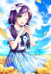 Rule 34 | 1girl, ;d, bad id, bad pixiv id, blue dress, blue neckerchief, bow, day, dress, field, flower, flower field, gem, green eyes, hair bow, hairband, long hair, looking at viewer, love live!, love live! school idol festival, love live! school idol project, minori (faddy), neckerchief, one eye closed, open mouth, outdoors, own hands together, pearl (gemstone), petals, purple hair, sailor dress, smile, solo, tojo nozomi, twintails, white bow, yellow flower