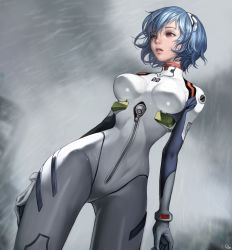 Rule 34 | 1girl, absurdres, arm at side, ayanami rei, blue hair, bodysuit, bracer, breasts, breasts apart, cloud, cloudy sky, cowboy shot, from below, g o 91, gloves, gradient background, headgear, highres, hip focus, impossible bodysuit, impossible clothes, interface headset, kim na young, looking to the side, medium breasts, narrow waist, neon genesis evangelion, outdoors, parted lips, pilot suit, plugsuit, rain, red eyes, short hair, signature, sky, solo, standing, turtleneck, wet, wet hair