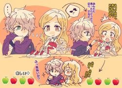Rule 34 | 1boy, 1girl, apple, blonde hair, brown hair, cape, chibi, food, fruit, gloves, grey hair, jewelry, kiriya (552260), long hair, octopath traveler, octopath traveler i, ophilia (octopath traveler), scarf, short hair, simple background, smile, therion (octopath traveler), translation request