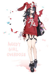 Rule 34 | 1girl, absurdres, ame-chan (needy girl overdose), animal ears, bag, black choker, black eyes, black footwear, black hair, black nails, bow, character doll, choker, closed mouth, copyright name, demon wings, ershuihe, fake animal ears, fake wings, full body, hair bow, hair down, hair over one eye, hand on own chest, highres, hood, hood up, hoodie, long hair, long sleeves, looking at viewer, needy girl overdose, o-ring, o-ring thigh strap, official alternate costume, platform footwear, red hoodie, shoulder bag, simple background, solo, standing, thigh strap, wand, white background, wings
