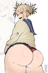 Rule 34 | 1girl, artist name, ass, blonde hair, blunt bangs, boku no hero academia, cardigan, double bun, female focus, from behind, hair bun, huge ass, looking at viewer, looking back, open mouth, panties, red panties, school uniform, serafuku, skirt, smile, solo, thick thighs, thighs, toga himiko, tommoku, underwear, white background, yellow eyes, zoom layer