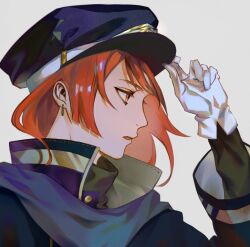Rule 34 | 1boy, character request, copyright request, earrings, gloves, hat, highres, jewelry, military hat, military uniform, orange hair, serious, tamayai, uniform