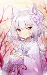 Rule 34 | 1girl, absurdres, animal ear fluff, animal ears, azur lane, blush, branch, brown eyes, closed mouth, commentary request, fang, fang out, flower, hair bun, hair flower, hair ornament, highres, japanese clothes, jewelry, kimono, long sleeves, looking at viewer, pg (pege544), purple flower, ring, silver hair, single hair bun, sleeves past wrists, smile, solo, wedding band, white kimono, wide sleeves, yukikaze (azur lane)