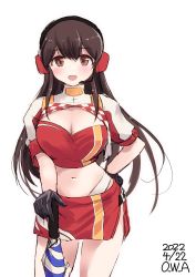 Rule 34 | 1girl, akagi (kancolle), alternate color, artist name, bandeau, black gloves, breasts, brown eyes, brown hair, cleavage, closed eyes, cosplay, cowboy shot, cropped jacket, dated, gloves, gotland (kancolle), gotland (kancolle) (cosplay), half gloves, headphones, headset, highres, jacket, kantai collection, large breasts, long hair, looking at viewer, microphone, miniskirt, owa (ishtail), planted, planted umbrella, race queen, red bandeau, red skirt, simple background, skirt, solo, straight hair, umbrella, white background, white jacket