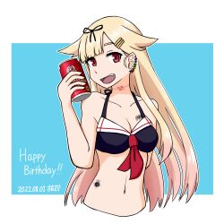 Rule 34 | 1girl, absurdres, barcode, barcode tattoo, black bra, black ribbon, blonde hair, bra, can, dated, ear piercing, fang, hair flaps, hair ornament, hair ribbon, hairclip, happy birthday, highres, holding, holding can, kantai collection, long hair, navel, neck tattoo, open mouth, piercing, red eyes, ribbon, samusara, signature, subdermal port, tattoo, underwear, yuudachi (kancolle), yuudachi kai ni (kancolle)