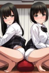 Rule 34 | 2girls, absurdres, ass, ass-to-ass, ball, barefoot, black hair, black skirt, blush, breasts, brown eyes, clothes lift, collared shirt, curtains, exercise ball, feet, highres, indoors, large breasts, long hair, long sleeves, looking at viewer, matsunaga kouyou, multiple girls, open mouth, original, panties, parted lips, plaid, plaid skirt, school uniform, shirt, short hair, sitting, sitting on ball, skirt, skirt lift, thighs, toes, underwear, white panties, white shirt, wooden floor, yuri