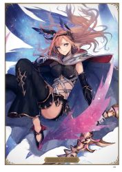Rule 34 | 1girl, artist name, artist request, black hairband, bow (weapon), breasts, breasts apart, brown eyes, brown hair, card (medium), character name, crop top, detached sleeves, floating hair, gloves, granblue fantasy, grey gloves, hair between eyes, hairband, high heels, highres, holding, holding weapon, large breasts, leg warmers, long hair, looking at viewer, midriff, navel, parted lips, pumps, smile, solo, stomach, tweyen (granblue fantasy), very long hair, weapon