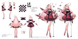 Rule 34 | 1girl, :d, black bow, bow, breasts, censored, censored text, character sheet, cleavage cutout, clothing cutout, dress, full body, hair bow, high heels, highres, jigsaw puzzle, large breasts, long hair, mosaic censoring, multiple views, open mouth, original, pink hair, pink wings, purple eyes, puzzle, red dress, red footwear, shokuen (oxstl), short dress, short sleeves, single hair ring, sketch, smile, standing, thigh strap, turnaround, very long hair, weibo logo, weibo watermark, white background, wings