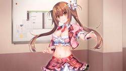 Rule 34 | 1girl, akanesaki tsubaki, belt, belt buckle, blush, breasts, brown eyes, brown hair, buckle, cleavage, closed mouth, collar, crop top, detached collar, floating hair, game cg, hair between eyes, hair ribbon, idoldays, indoors, jacket, large breasts, layered skirt, long hair, looking at viewer, midriff, miniskirt, nail polish, navel, necktie, official art, open clothes, open jacket, pink belt, pink jacket, pink nails, pink skirt, plaid, plaid skirt, red necktie, red ribbon, ribbon, shinozuka atsuto, short necktie, short sleeves, skirt, smile, solo, standing, stomach, twintails, v-shaped eyebrows, very long hair, white collar, wing collar, wrist cuffs