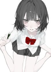 Rule 34 | 1girl, barefoot, black hair, bow, bowtie, brown eyes, chalk, collared shirt, highres, holding, looking at viewer, mimimi3039, original, parted lips, pleated skirt, school uniform, shirt, short hair, short sleeves, sitting, skirt, solo, wariza